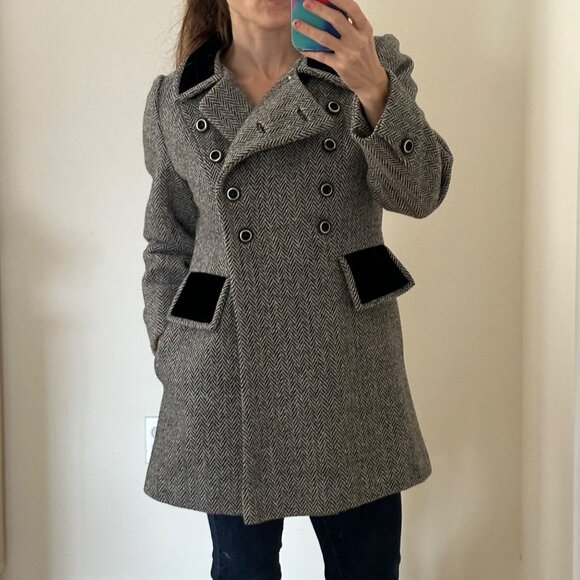 Vintage 60s Mid-Length Velvet Collar Wool-Blend Herringbone Coat - Picture 9 of 10